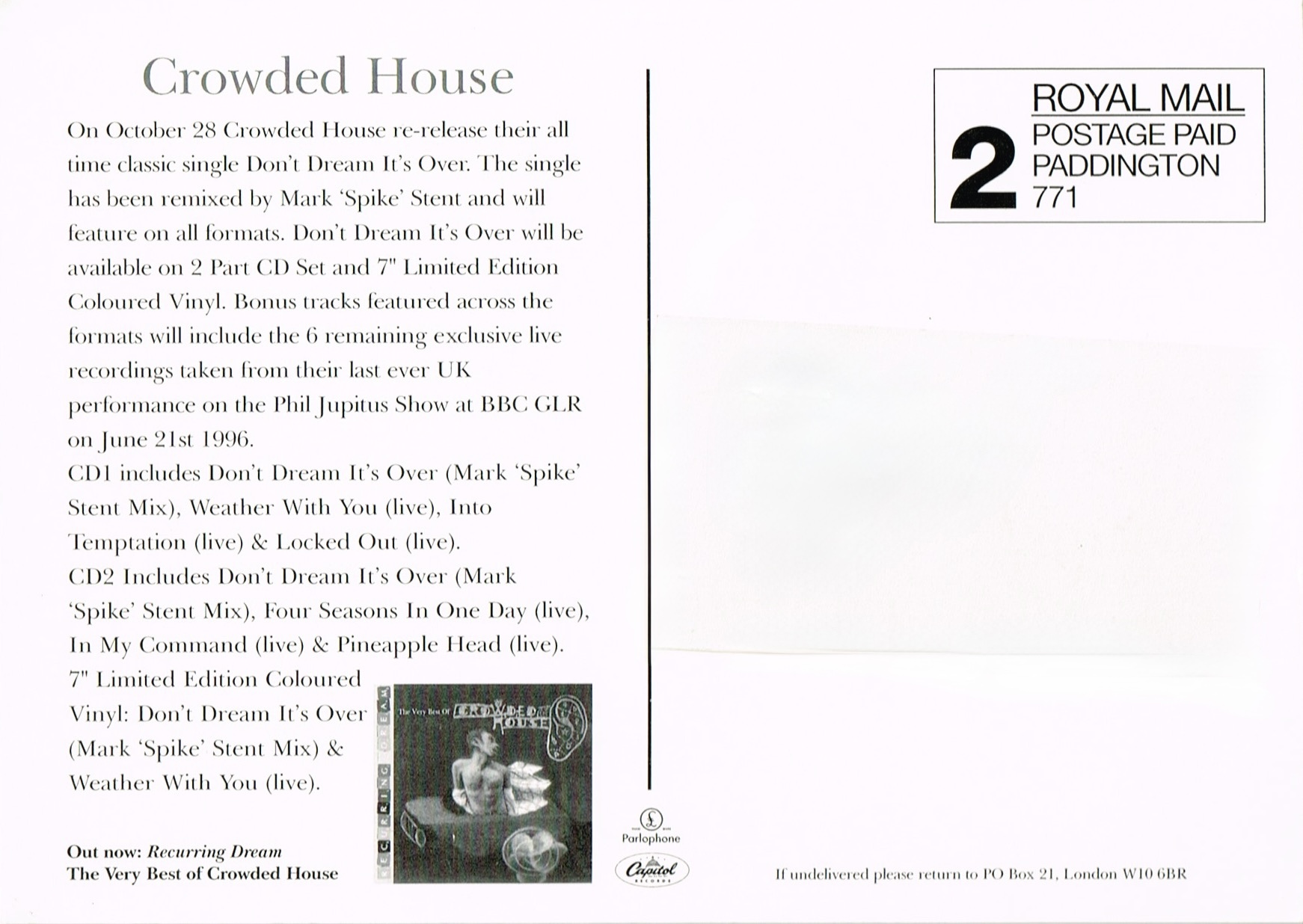 Don't Dream It's Over (UK Promo Postcard)