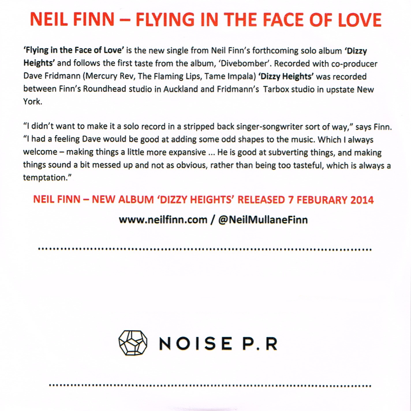 Flying In The face Of Love (New Zealand Promo CD-R)