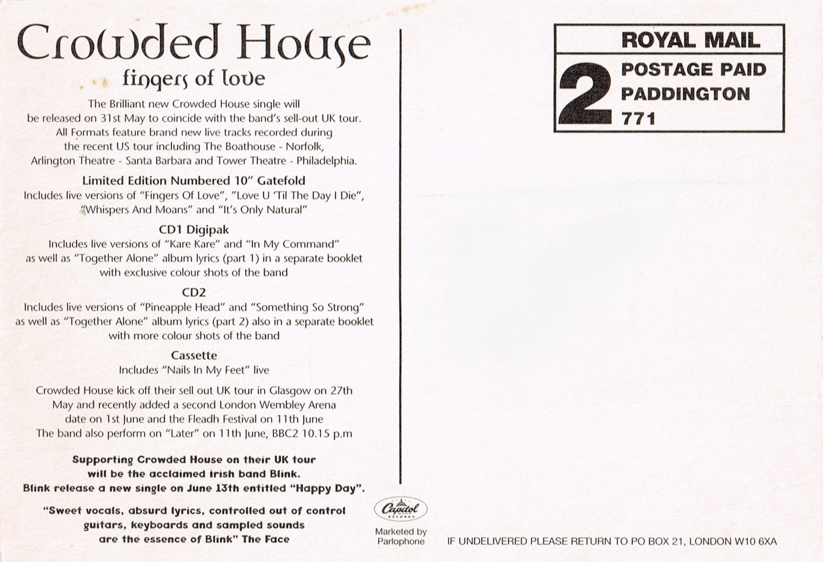 Nails In My Feet (UK Promo Postcard)