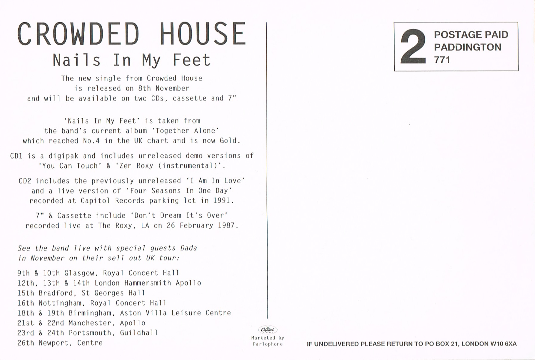 Nails In My Feet (UK Promo Postcard)