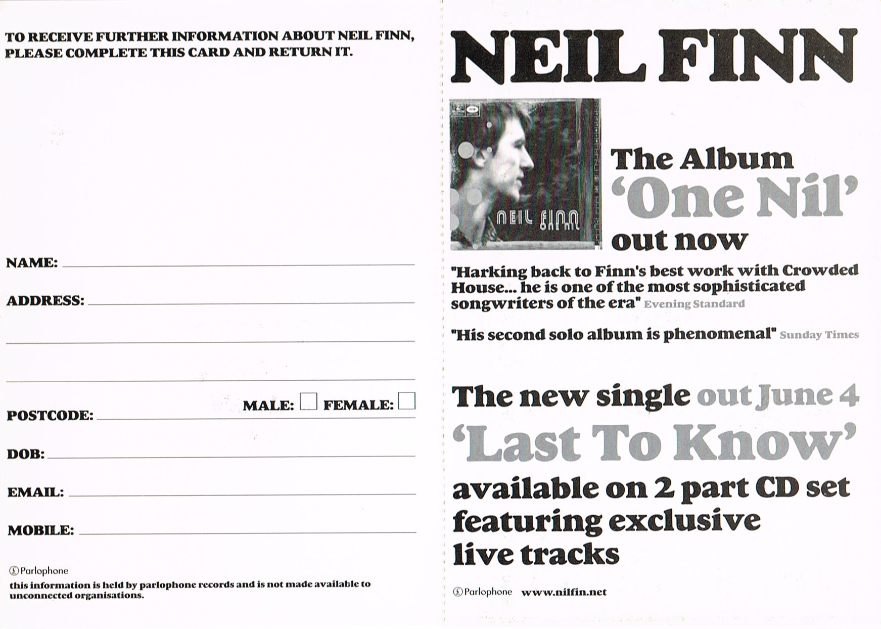 One Nil (UK Promo Postcard)