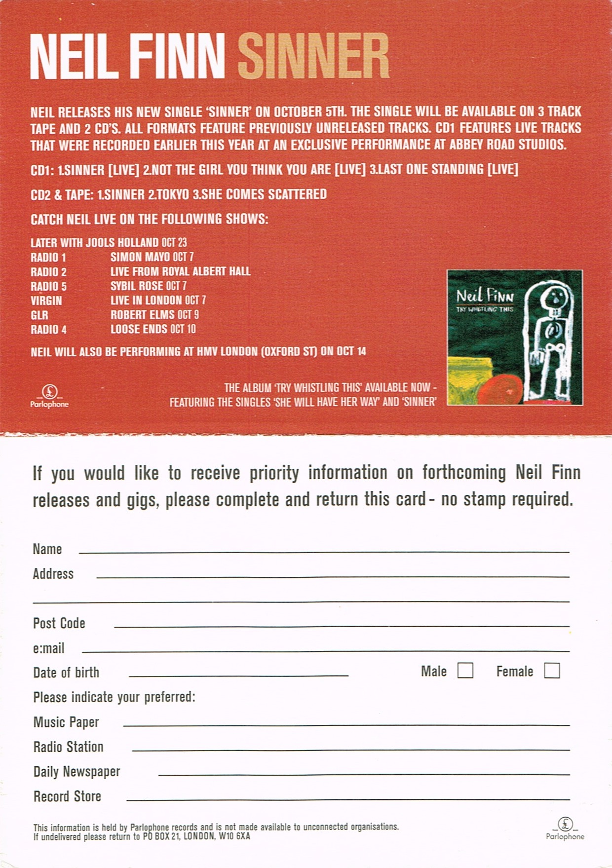 Sinner (UK Promo Postcard)