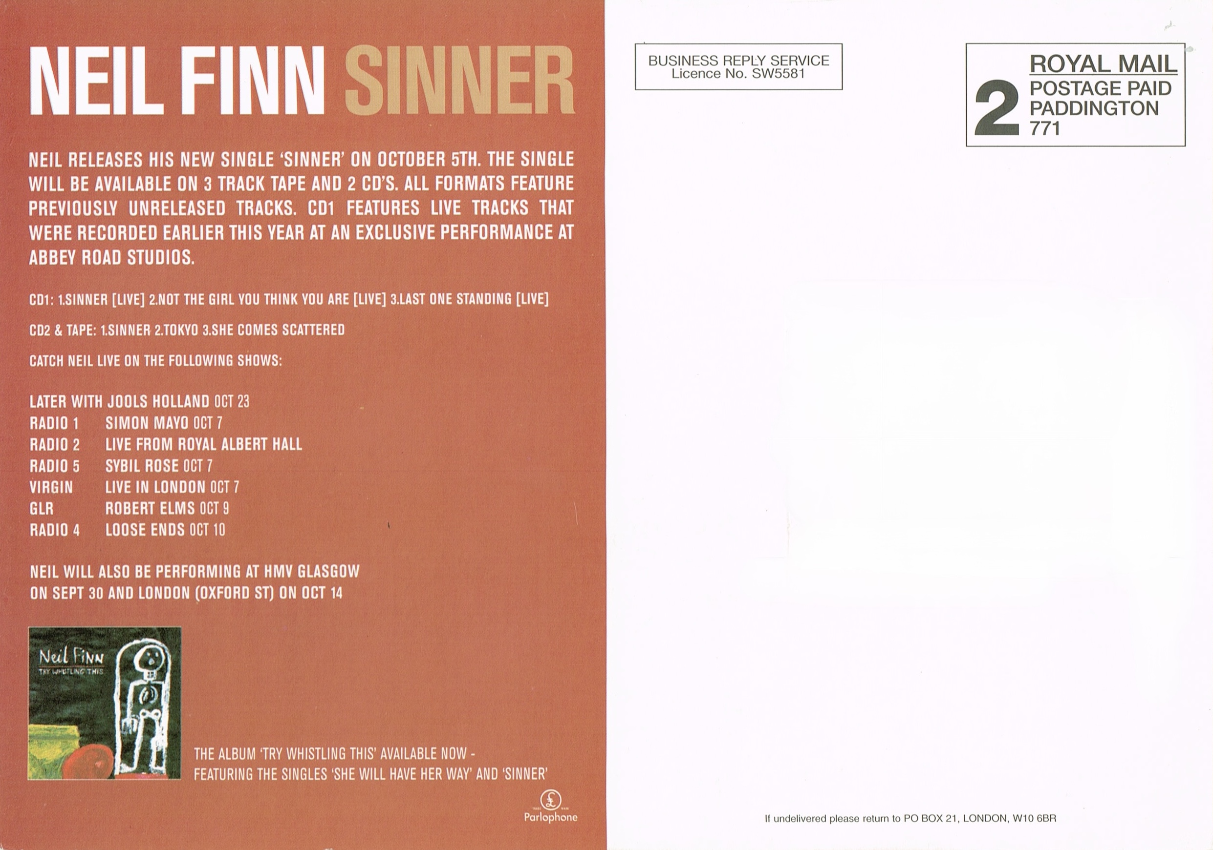 Sinner (UK Promo Postcard)