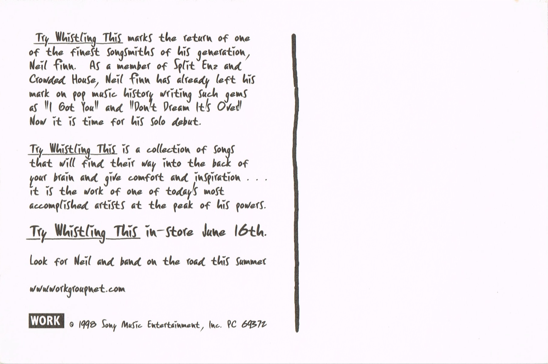 Try Whistling This (USA Promo Postcard)